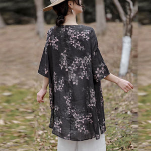 Áo sơ mi linen tay lửng cổ V form dài in hoa lá - NU10012