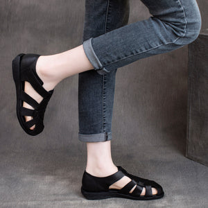 Giày da sandal retro đế bằng quai dán - OD2306