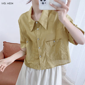 Áo sơ mi linen ngắn tay cổ sen hai túi vuông - A831