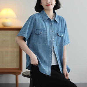 Áo sơ mi denim ngắn tay cổ đức hai túi - NU10069