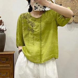Áo T-shirt linen ngắn tay cổ tròn đính ren thêu hoa lá - NU9997