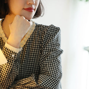 Áo sơ mi linen dài tay cổ tròn ren kẻ caro - NU10070