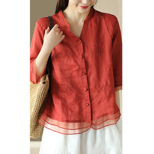 Áo sơ mi linen ngắn tay cổ V thêu hoa lá vạt kiểu xếp ren - NU8692