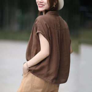 Áo sơ mi linen sát nách cổ đức đơn sắc vạt dây rút - NU8980
