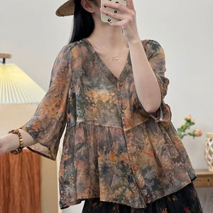 Áo sơ mi linen babydoll ngắn tay cổ V in hoa lá - NU9856