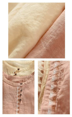 Áo sơ mi linen tay lửng cổ tròn kiểu phối khuy tròn - A946