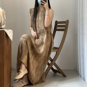 Đầm liền linen sát nách cổ tròn in đồng màu - NU10111