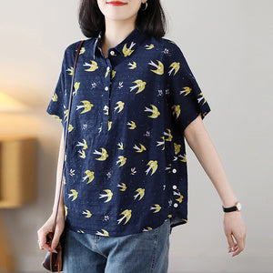 Áo sơ mi linen ngắn tay cổ đức in những chú chim - NU8815