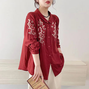 Áo sơ mi linen dài tay cổ pipi thêu hoa đối xứng - NU9723