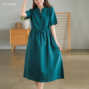 Đầm liền linen ngắn tay cổ V xếp ly đối xứng - NU8686