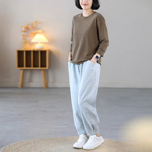 Áo T-shirt dài tay cổ tròn tròn đơn một màu - NU9132
