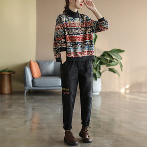 Áo T-shirt dài tay cổ đứng in hoa retro lót lông - NU9526