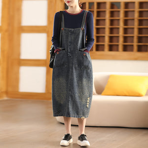 Đầm yếm denim hai túi vuông hoa văn retro - D042