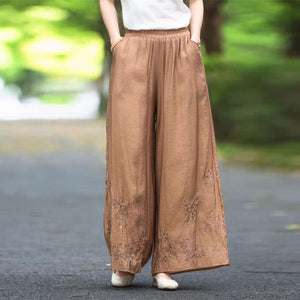 Quần baggy linen lưng thun ống rộng thêu hoa lá retro - Q156
