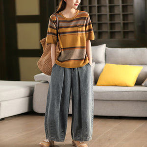 Áo T-shirt len ngắn tay cổ tròn kẻ sọc một túi - A791