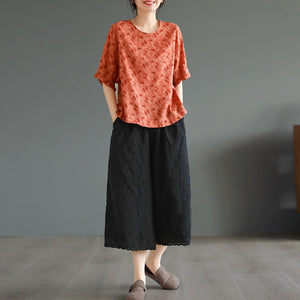Quần baggy linen lửng thêu hoa văn retro - Q180