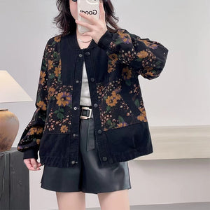 Áo khoác denim dài tay in hoa lá khuy bấm - NU9301