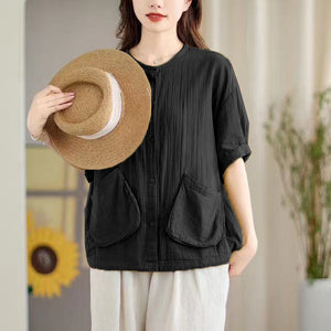 Áo sơ mi linen ngắn tay cổ tròn hai túi vuông đính lệch - NU10399