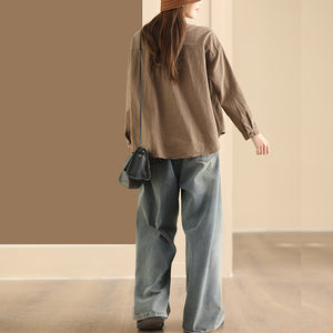 Áo sơ mi linen dài tay cổ tròn kẻ caro túi nắp tròn - NU9966