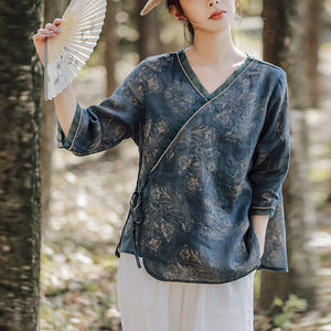 Áo sơ mi linen tay lửng cổ V vạt lệch thắt dây - NU9933