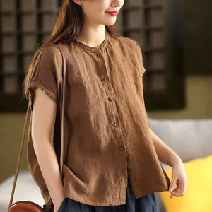 Áo sơ mi linen ngắn tay cổ tròn xếp ly - A804