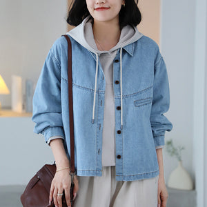Áo khoác denim dài tay cổ đức một túi ngang nhỏ - A057