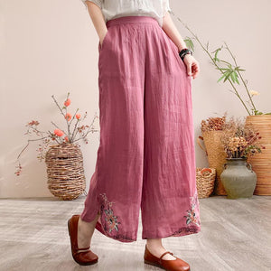 Quần baggy linen lưng thun ống xuông thêu hoa lá retro - NU9995