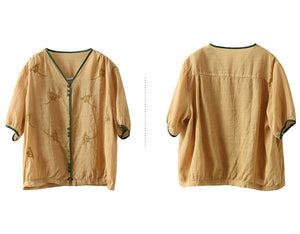 Áo sơ mi linen ngắn tay cổ V bo viền thêu hoa litit - NU8678