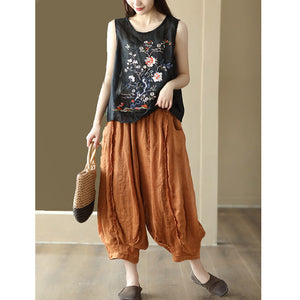 Áo T-shirt linen sát nách cổ tròn thêu tranh - NU8700