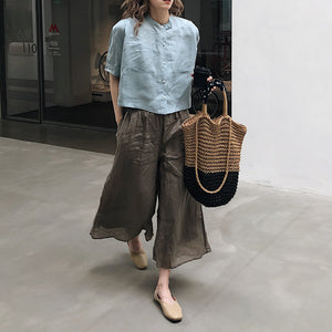 Áo sơ mi linen ngắn tay cổ đứng hai túi vuông  - NU7418