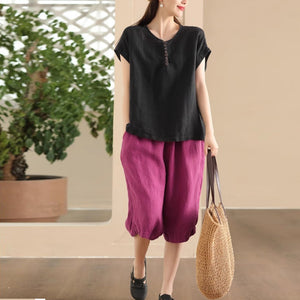 Áo sơ mi linen sát nách cổ tròn retro - A868