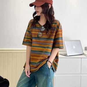 Áo T-shirt ngắn tay cổ tròn kẻ sọc cầu vồng - NU9951