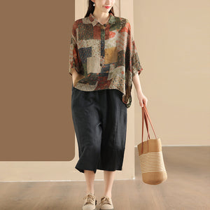 Áo sơ mi linen ngắn tay cổ đức in hoa văn ô vuông retro - NU10481