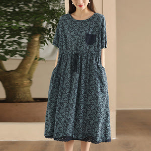 Đầm liền linen ngắn tay cổ tròn một túi ren eo cột dây - D007