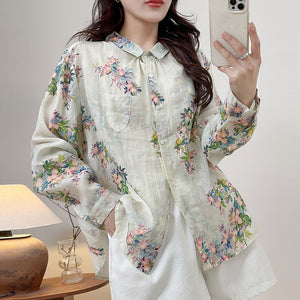 Áo sơ mi linen dài tay cổ pipi in hoa lá một túi tam giác - A687