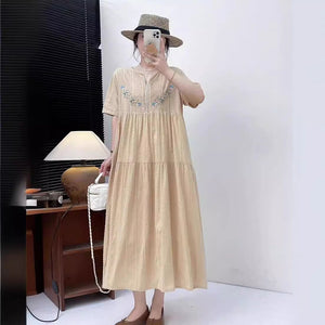 Đầm liền linen ngắn tay cổ tròn thêu hoa lá chấm bi - NU10099