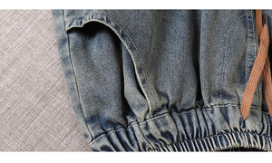 Chân váy denim lưng thun túi phối vải hoa - NU10103