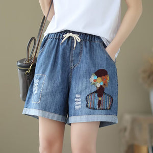 Quần sooc denim lưng thun thêu cô gái hai túi sau - NU10288