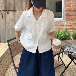 Áo sơ mi linen ngắn tay cổ vest hai túi chéo có nắp - NU8822