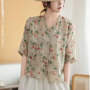 Áo sơ mi linen ngắn tay cổ V in hoa lá bo ren - A892