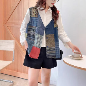 Áo khoác gile cổ V kiểu chắp vá hoa văn retro - A692