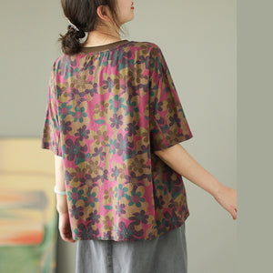 Áo T-shirt ngắn tay cổ tròn in hoa lá form rộng - NU9934