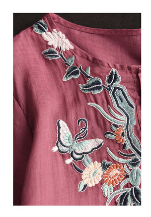 Áo sơ mi linen ngắn tay cổ tròn thêu hoa bướm - A731