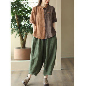 Áo sơ mi linen ngắn tay cổ pipi kẻ sọc mảng màu một túi nhỏ - NU8856