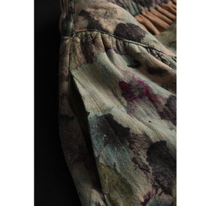 Chân váy linen lưng cao in hoa lá có khuy cài - V070