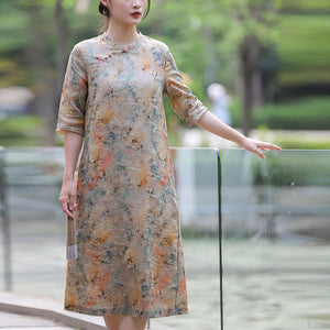 Đầm liền linen ngắn tay cổ tàu in hoa lá liti - NU10510