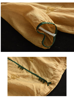 Áo sơ mi linen ngắn tay cổ V bo viền thêu hoa litit - NU8678