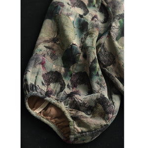 Áo sơ mi linen tay lửng cổ tròn vạt lệch in hoa lá - A718