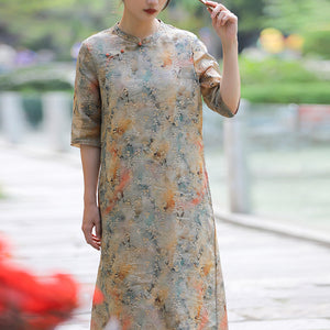 Đầm liền linen ngắn tay cổ tàu in hoa lá liti - NU10510