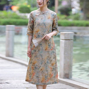 Đầm liền linen ngắn tay cổ tàu in hoa lá liti - NU10510